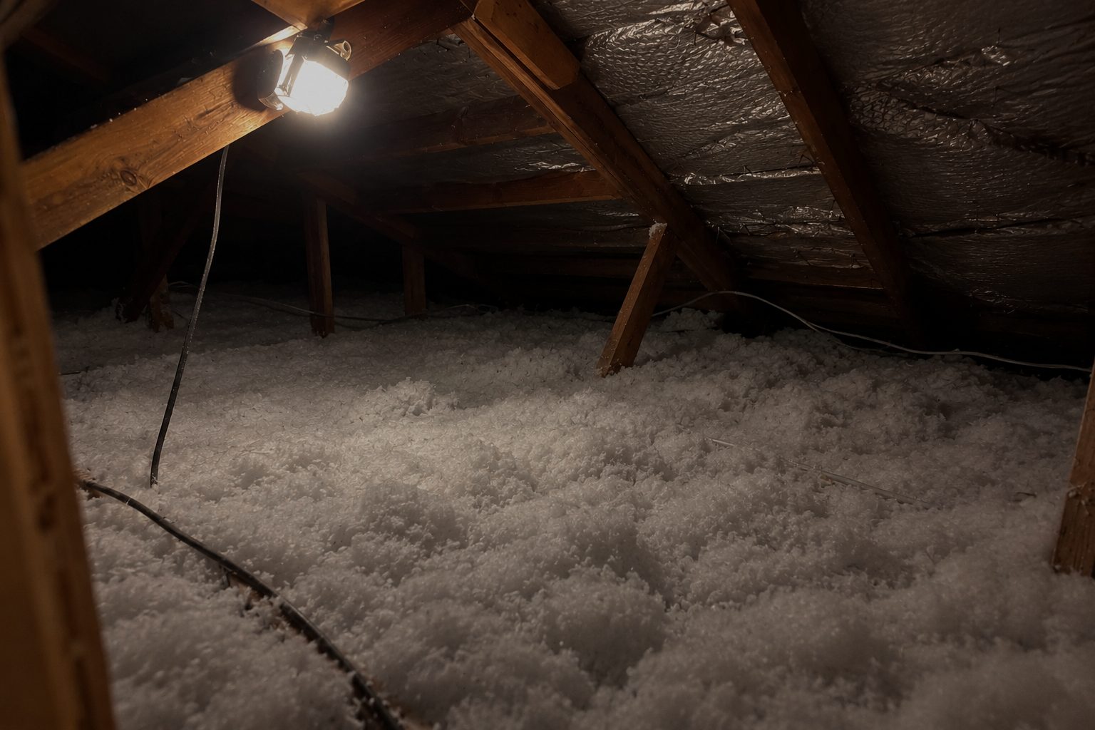 Fresh blown-in insulation in an attic